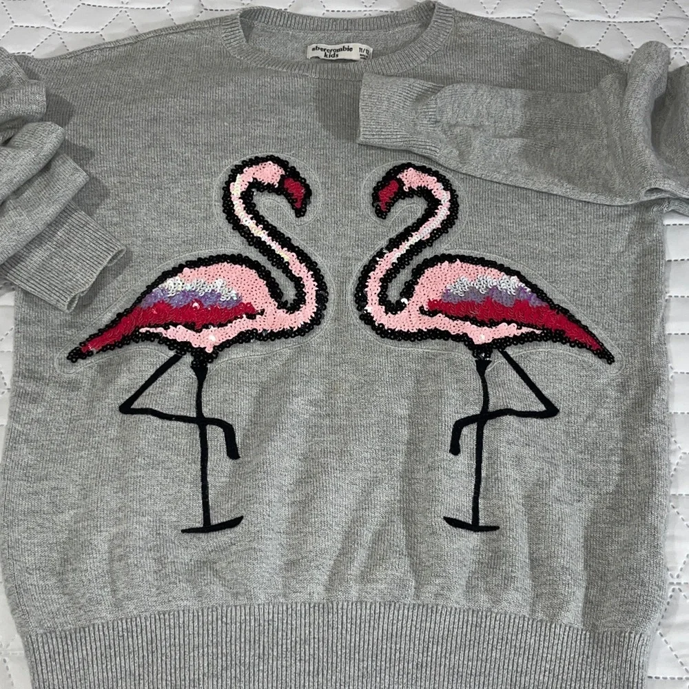Abercrombie Kids Pink Sequin Flamingos Crewneck Sweater Size 11/12Y